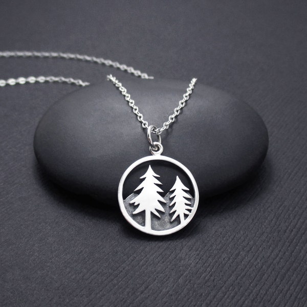 Mountain Scene Necklace Sterling Silver Tree and Mountain Necklace, Mountain Range Necklace, Pine Tree Necklace, Nature Jewelry