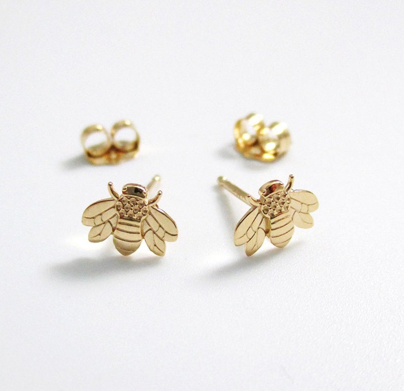Honey Bee Earrings Solid 14K Gold Tiny Honeybee Bumble Bee Etsy