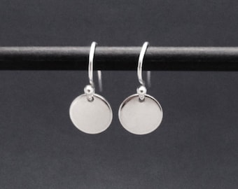 Tiny Sterling Silver Disc Earrings, Small Circle Drop Dangle Earrings