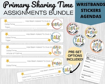 Primary Sharing Time  Assignment Bracelets, Stickers, and Agendas BUNDLE