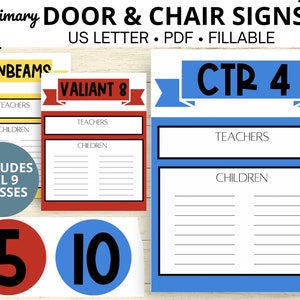 Letreros para puertas y sillas de clase primaria - Texto rellenable IMPRIMIBLE