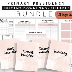 May include: A printable bundle of 13 pages for primary presidency leaders. The pages include a monthly planner, contact lists, a financial tracker, and individual pages for the first counselor, primary president, second counselor, and secretary. The pages have a pink marble background.