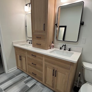 White Oak Double Bathroom Vanity w Tower