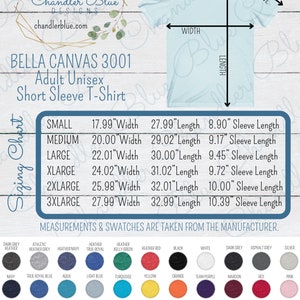 May include: A size chart for Bella Canvas 3001 adult unisex short sleeve t-shirts. The chart shows measurements in inches for width, length, and sleeve length for sizes small through 3XL.