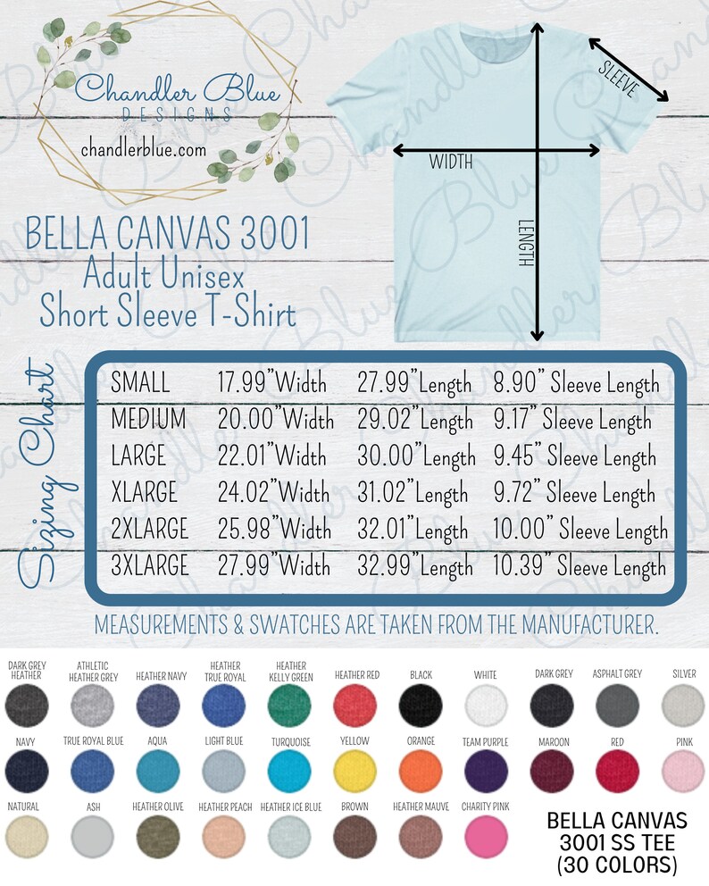 May include: A size chart for Bella Canvas 3001 adult unisex short sleeve t-shirts. The chart shows measurements in inches for width, length, and sleeve length for sizes small through 3XL.