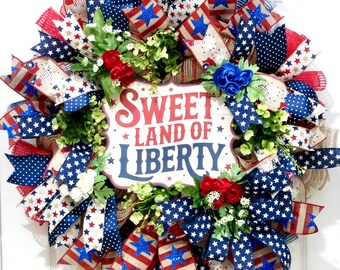 Patriotic Front Door Wreaths, Sweet Land of Liberty Wreath,  Americana Decor, 4th of July Decoration, Red White Blue Door Hanger