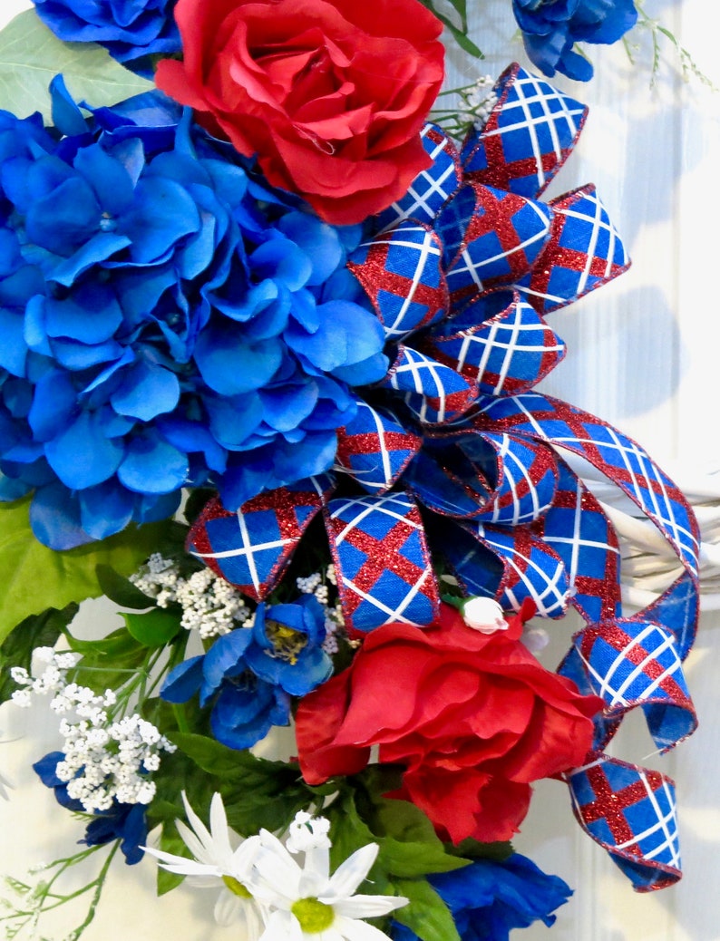 hydrangea wreath Patriotic Wreath wreath hydrangea 4th of July Wreath red white blue Summer Wreaths for front door wicker wreath