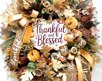 Pumpkin Fall Wreaths for Front Door, Thankful and  Blessed Wreath, Rustic Harvest Fall Decor, Thanksgiving Decoration