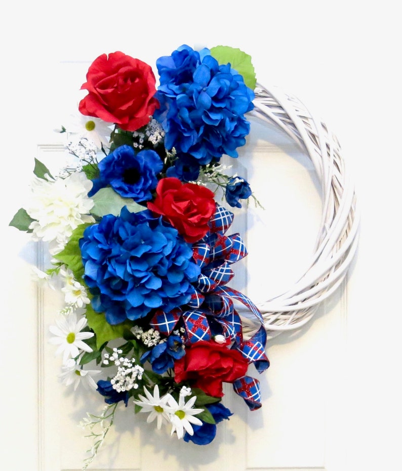 hydrangea wreath Patriotic Wreath wreath hydrangea 4th of July Wreath red white blue Summer Wreaths for front door wicker wreath