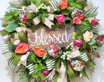 Everyday Wreath for Front Door, Blessed Wreaths, Christian Spring Floral Wreath, Religious Door Decor, Rustic Decoration, Housewarming Gift