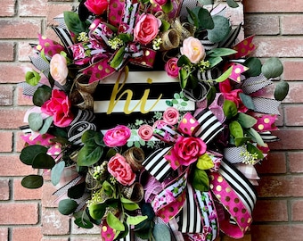 Corona alta floral rosa para la puerta principal, coronas de rayas blancas y negras, corona de bienvenida, decoración de primavera y verano, corona para el día a día, ideas de regalos femeninos