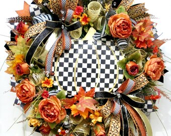 Black White Check Pumpkin Wreath, Fall Front Door Wreaths, Leopard Print Autumn Wreath, Orange Floral Pumpkin Decor, Harvest Home Decor