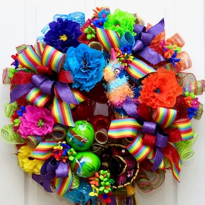 Fiesta Wreaths, Cinco De Mayo, Deco Mesh Fiesta Wreath, Fiesta Decor,  Rainbow Wreath, birthday Wreath, Viva Fiesta San Antonio, party decor