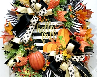 hello fall wreath, pumpkin fall decor, black white gold, autumn door wreath, thanksgiving wreath, fall pumpkin door hanger, elegant fall