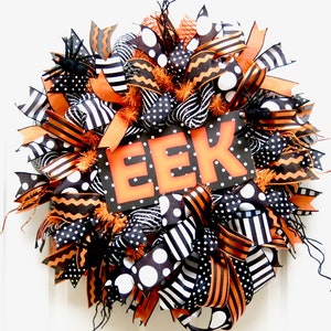 Halloween Wreaths for front door, EEK Wreath, orange black white wreath, Halloween Spider Wreath, Halloween Decor, spider decor, EEK decor