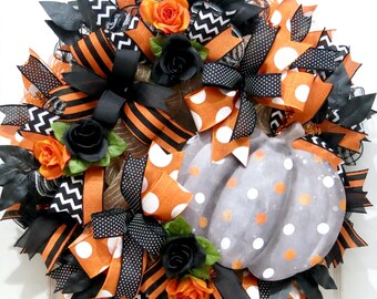 Halloween Wreaths for Front Door, Polka Dotted Pumpkin Wreath, orange black white Halloween Decoration,  Fall Pumpkin Decor, Falloween