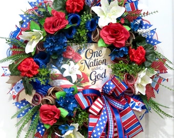Patriotic Floral Wreaths, One Nation Under God Wreath, Red White Blue Door Decor, Fourth of July Decoration, Americana Decor, Summer Wreath