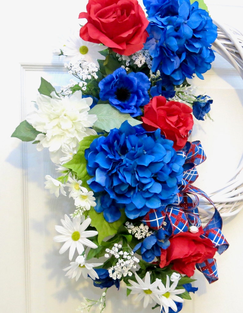 hydrangea wreath Patriotic Wreath wreath hydrangea 4th of July Wreath red white blue Summer Wreaths for front door wicker wreath