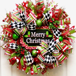 Christmas Wreaths for front door, Deco Mesh Christmas Wreath, red green black, Merry Christmas Wreath, Christmas Decor, Holiday Wreath