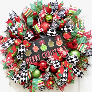 Christmas Wreaths for front door, Holiday Wreath, red green black, Merry Christmas Wreath, Christmas Decoration, gift ideas, deco mesh