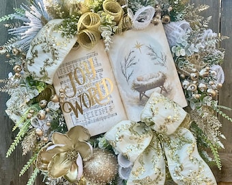 Joy to the World Christmas Wreath: Elegant Gold and White Holiday Wreath, Nativity Christmas Decor, Flocked Evergreen Wreath, religious