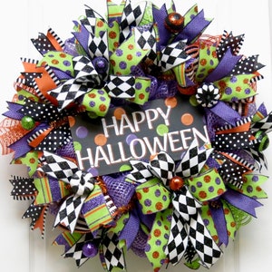 Halloween Wreaths for front door, Happy Halloween wreath, Halloween Decoration, Halloween deco mesh, Fall Wreath, polka dot Halloween wreath