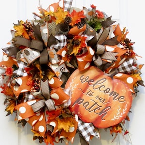 Fall Wreaths for Front Door, Welcome Wreath with Pumpkin, Fall deco mesh wreath, Fall Decoration, Welcome to our Patch, Thanksgiving