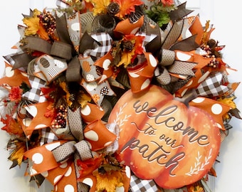 Fall Wreaths for Front Door, Welcome Wreath with Pumpkin, Fall deco mesh wreath, Fall Decoration, Welcome to our Patch, Thanksgiving