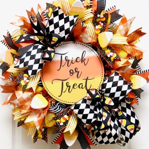 Halloween Wreath for front door, Trick Or Treat Wreath, Candy Corn Wreath, orange black, Halloween Wreaths, Halloween Decor, Deco Mesh