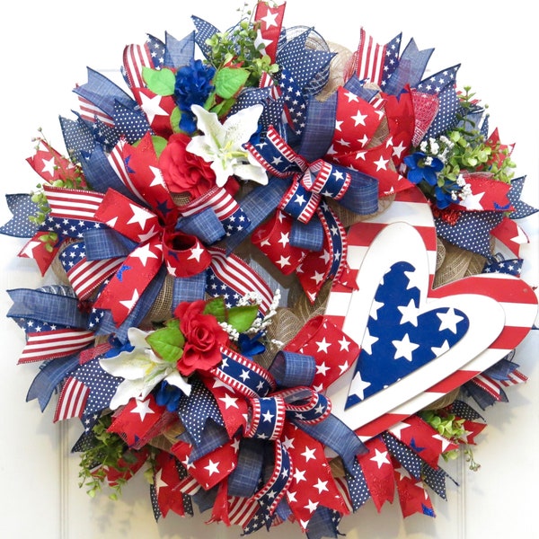 Patriotic Wreaths for front door, Patriotic Heart Wreath, Welcome Wreath, 4th July Wreath, Americana Wreath, Memorial Day Wreath, July 4