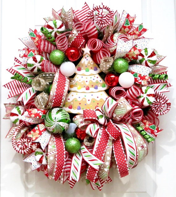 Christmas wreaths for front door, Holiday door decor, Gingerbread wreath, Christmas Candy decor, Christmas tree wreath, Candyland Christmas
