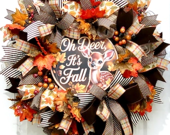 Oh Deer It's Fall Wreath, Fall Deer Wreaths, Autumn Front Door Decoration, Rustic Fall Decor, Woodland Thanksgiving Wreath, Fall Mesh Wreath