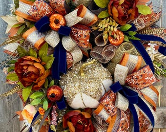 Fall Pumpkin Wreath for front door, Elegant Autumn Door Decor, Navy Blue White orange, Pumpkin Wreaths , Fall Glam Velvet Pumpkin Decoration