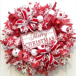 Merry Christmas Wreath, Snowflake Wreath, Red White Christmas Wreaths for front door, Deco Mesh Christmas Wreath, Christmas Decoration
