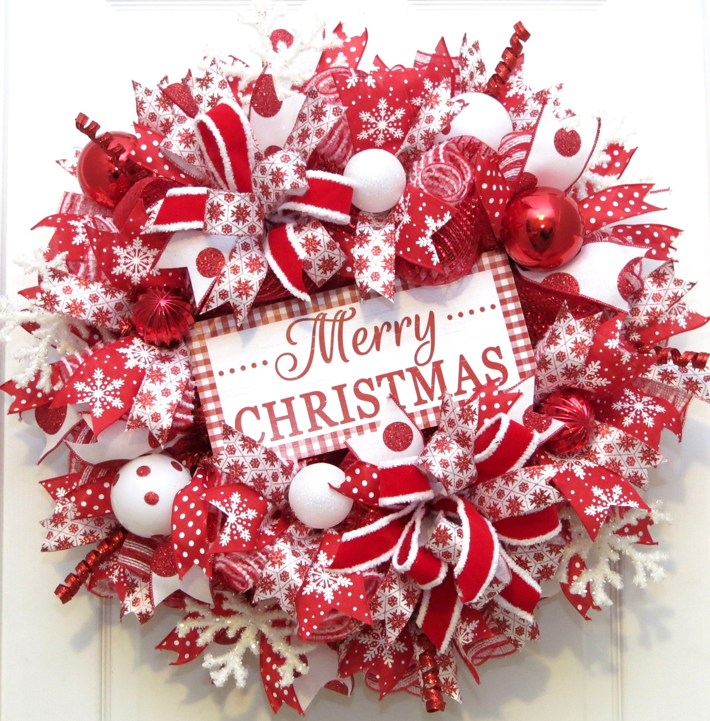 Merry Christmas Wreath, Snowflake Wreath, Red White
