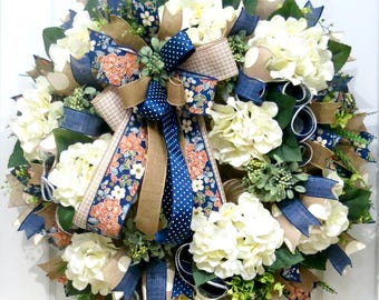 hydrangea wreath, navy beige everyday wreath for Front Door,  front door Spring wreaths, summer wreath, front door Wreaths, floral wreaths