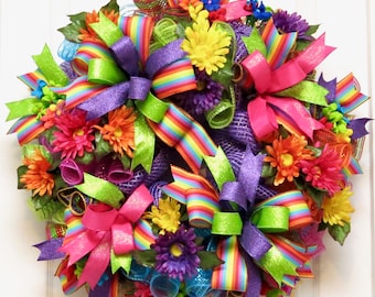 Spring Wreaths for front door, summer wreath, Daisy Wreath, Fiesta Wreaths, Cinco De Mayo, Deco Mesh Wreath, Fiesta Decor, Rainbow Wreath
