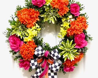 everyday wreath for Front Door, Summer Floral Wreath, Boxwood Floral Wreath, Colorful Door Wreath, Summer Decor, orange pink green yellow
