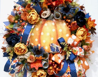 Corona de otoño para puerta de entrada, corona de calabaza con lunares en azul y naranja, corona de granja de otoño, corona de puerta de otoño, decoración de otoño de granja