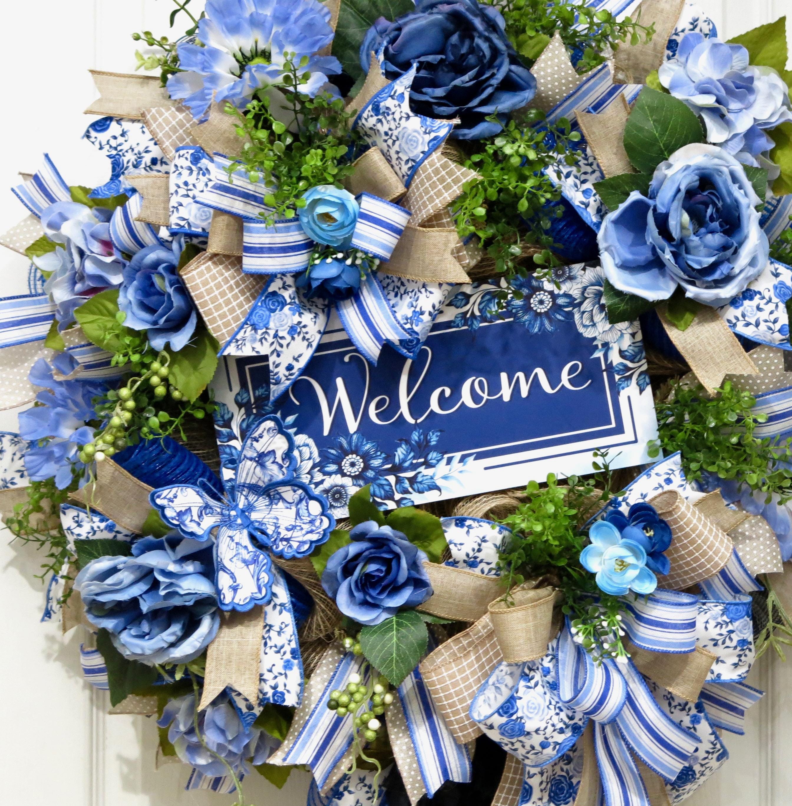 Blue and White Everyday Wreaths for Front Door, Chinoiserie Summer