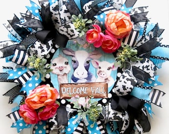 Farmhouse Cow Summer Wreath: Turquoise Welcome Door Hanger