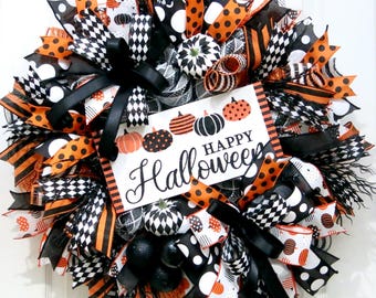 Happy Halloween Wreath for front door, Pumpkin Wreaths, whimsical Halloween Decor, orange black white, Fall Decoration