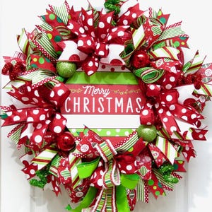 Christmas Wreath, front door Christmas Wreaths, Merry Christmas Wreath, Deco Mesh Christmas wreath, Christmas Decor, red green white wreath