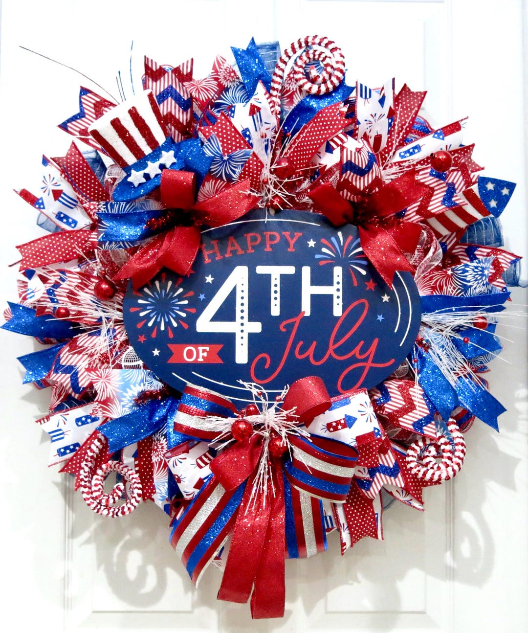 Patriotic 4th of July Wreaths, Red White and Blue Deco Mesh Wreath ...