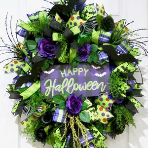 Halloween Wreath for front door, Happy Halloween wreath, Halloween Decor, Bat Wreath, Gift Ideas, Fall Wreath, Bat Decoration, purple black