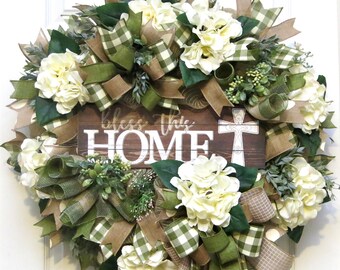 Everyday Wreaths for front door, Bless this home Wreath, cross wreath, cross decor, religious decor, blessed decor, Christian decoration