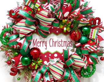 Christmas Wreaths for front door, Holiday Wreath, Merry Christmas Wreath, Christmas Decoration, Holiday Decor, red green wreath, gift ideas