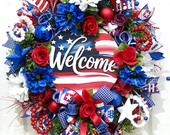 Patriotic Wreath with Welcome Sign: Red White and Blue Americana Decor for Front Door