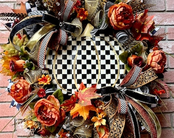 Corona de calabaza a cuadros blancos y negros, coronas de otoño para la puerta principal, corona de otoño con estampado de leopardo, decoración floral de calabaza naranja, decoración de cosecha para el hogar