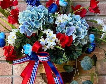 Patriotic Hanging Basket for front door, Red White Blue wreaths, Floral Door Basket, Americana Summer Decor, 4th of July Decor, Memorial Day